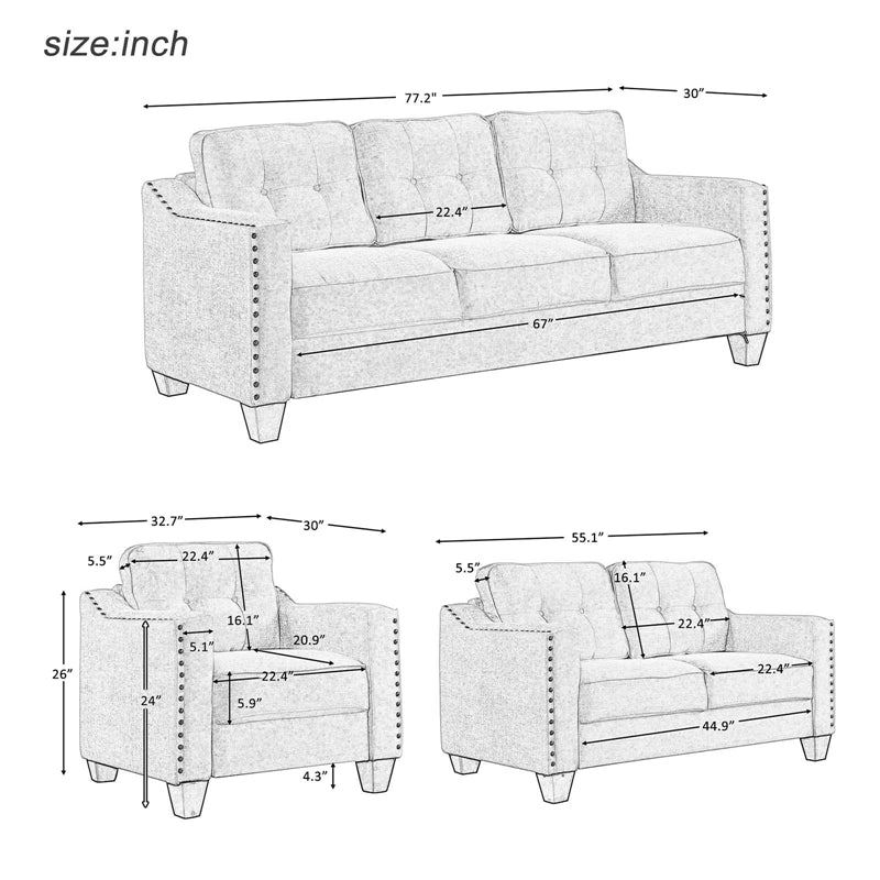 3 Piece Living Room Set; Sofa, Loveseat, Armchair