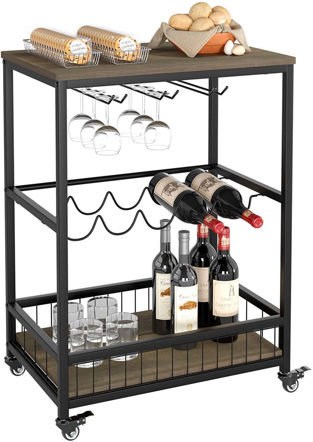 Kitchen Serving Trolley Cart with Wine Rack