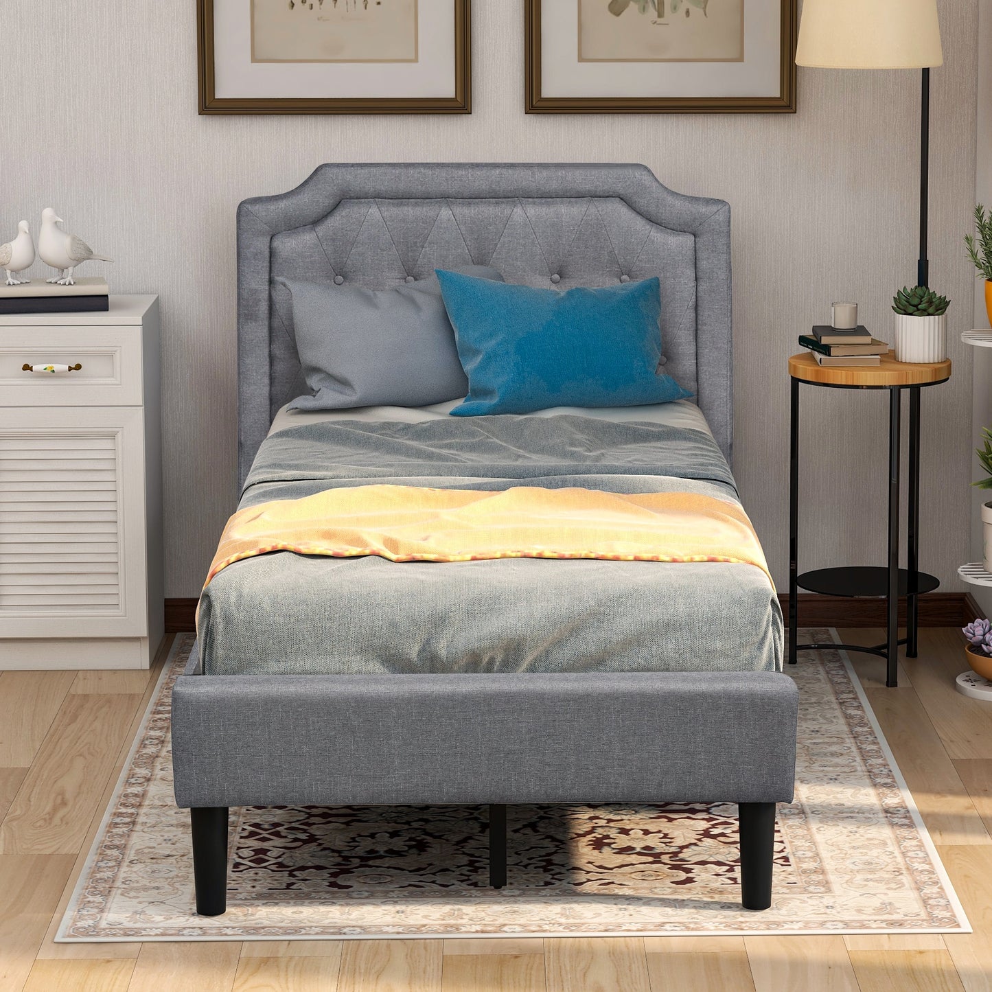 Upholstered Platform Bed, Twin Size, Gray