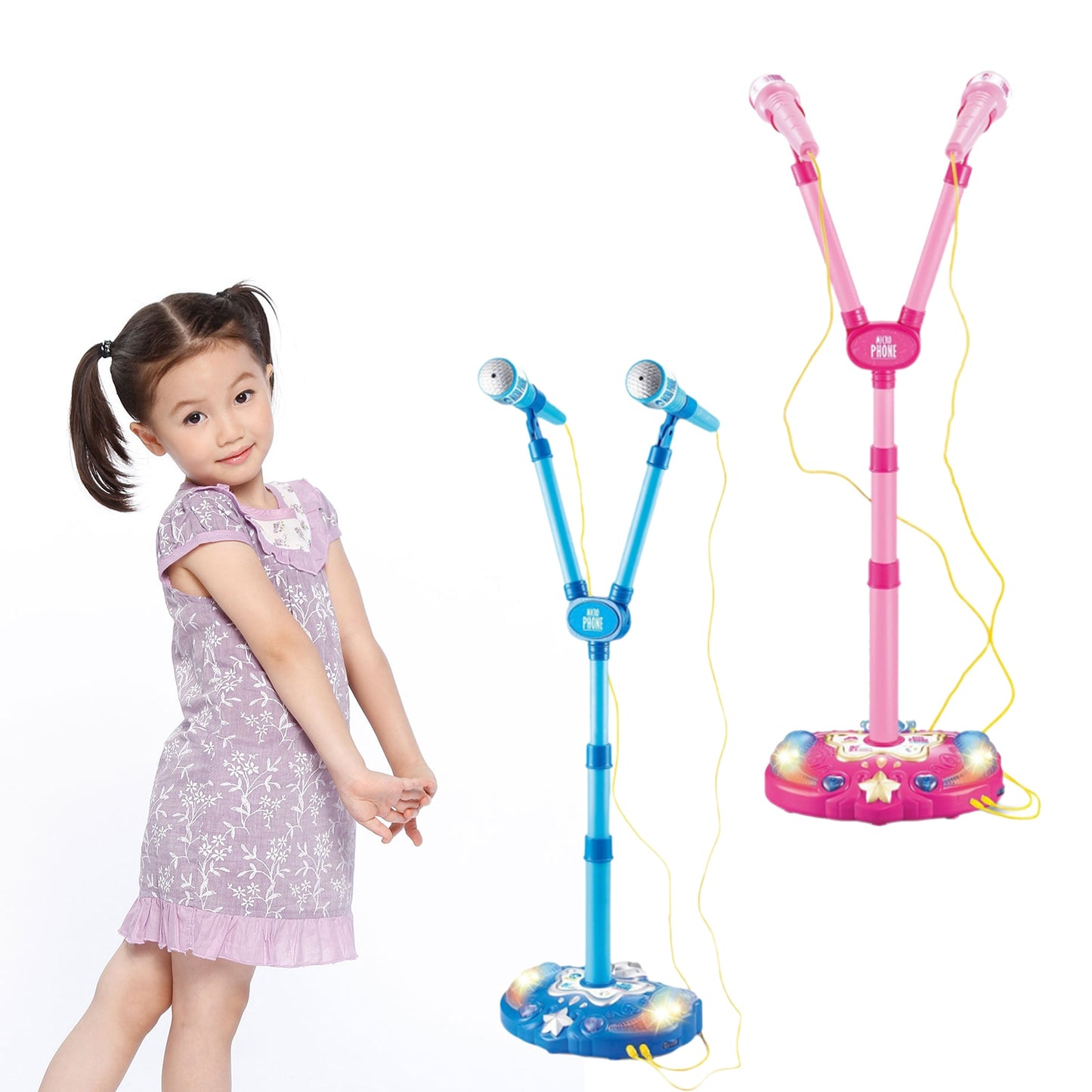 Toy Double Microphone W/Light and Adjustable Stand