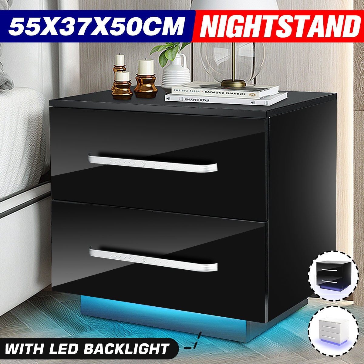 LED Bedside Nightstand With 2 Drawer