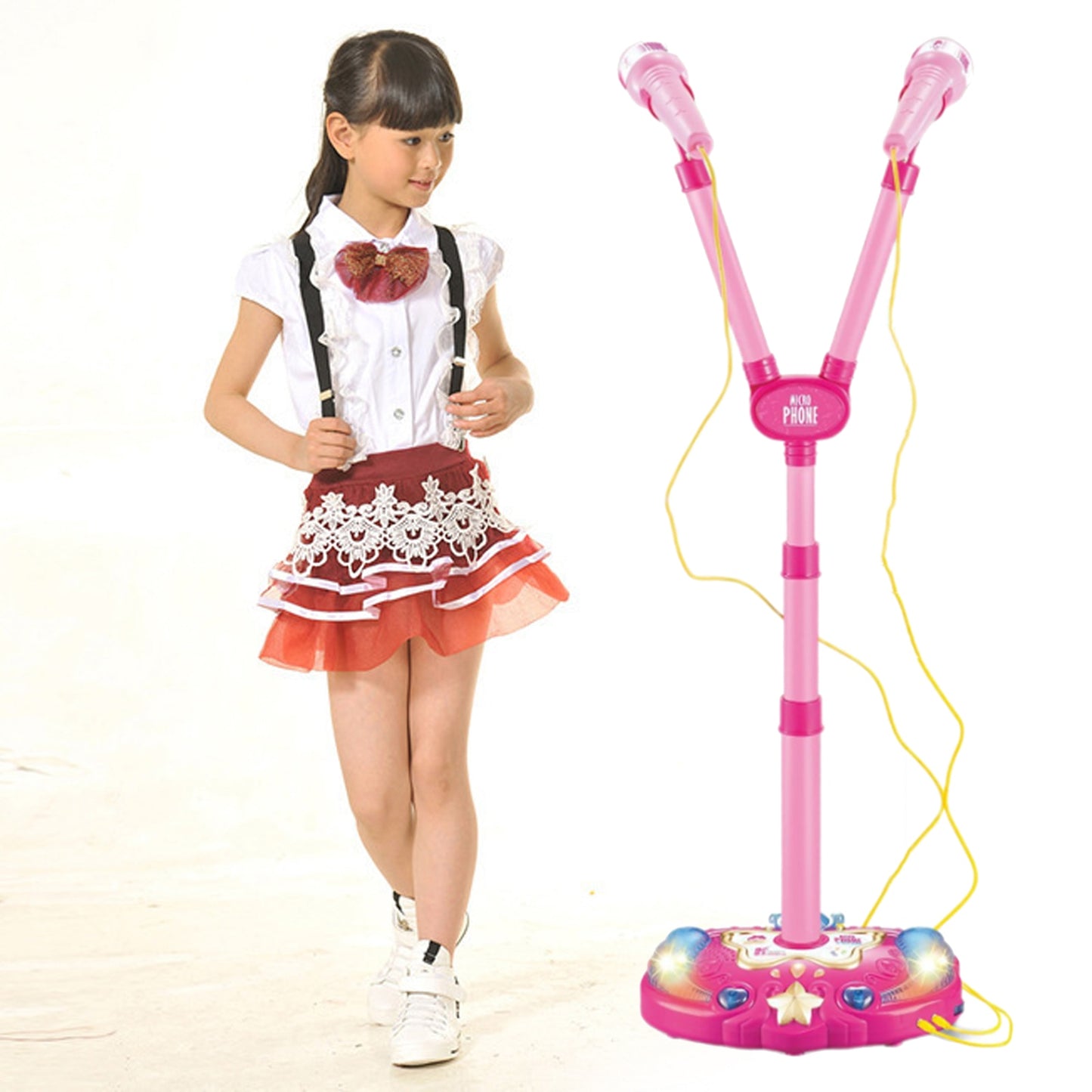 Toy Double Microphone W/Light and Adjustable Stand