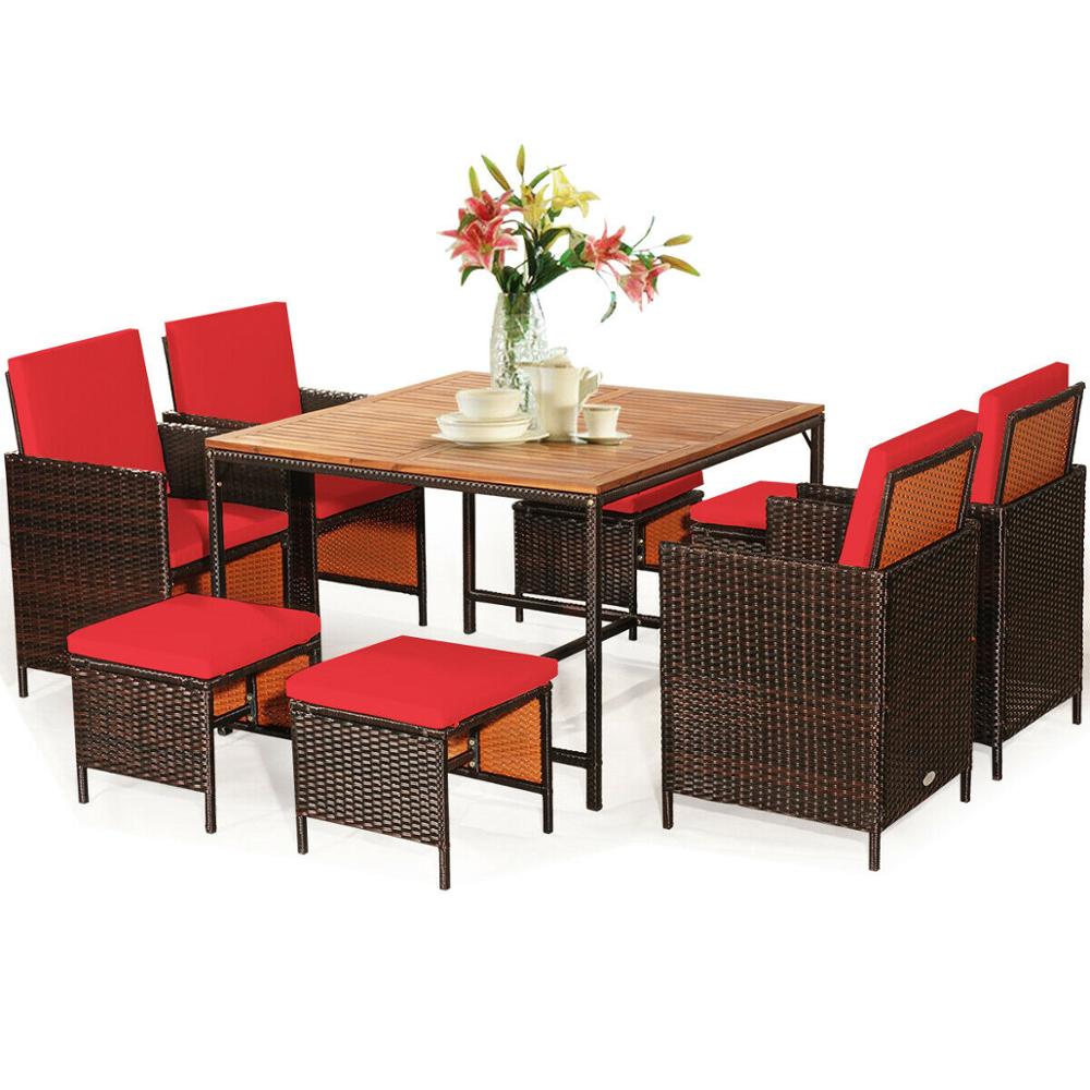 9PCS Patio Rattan Cushioned Dining Set