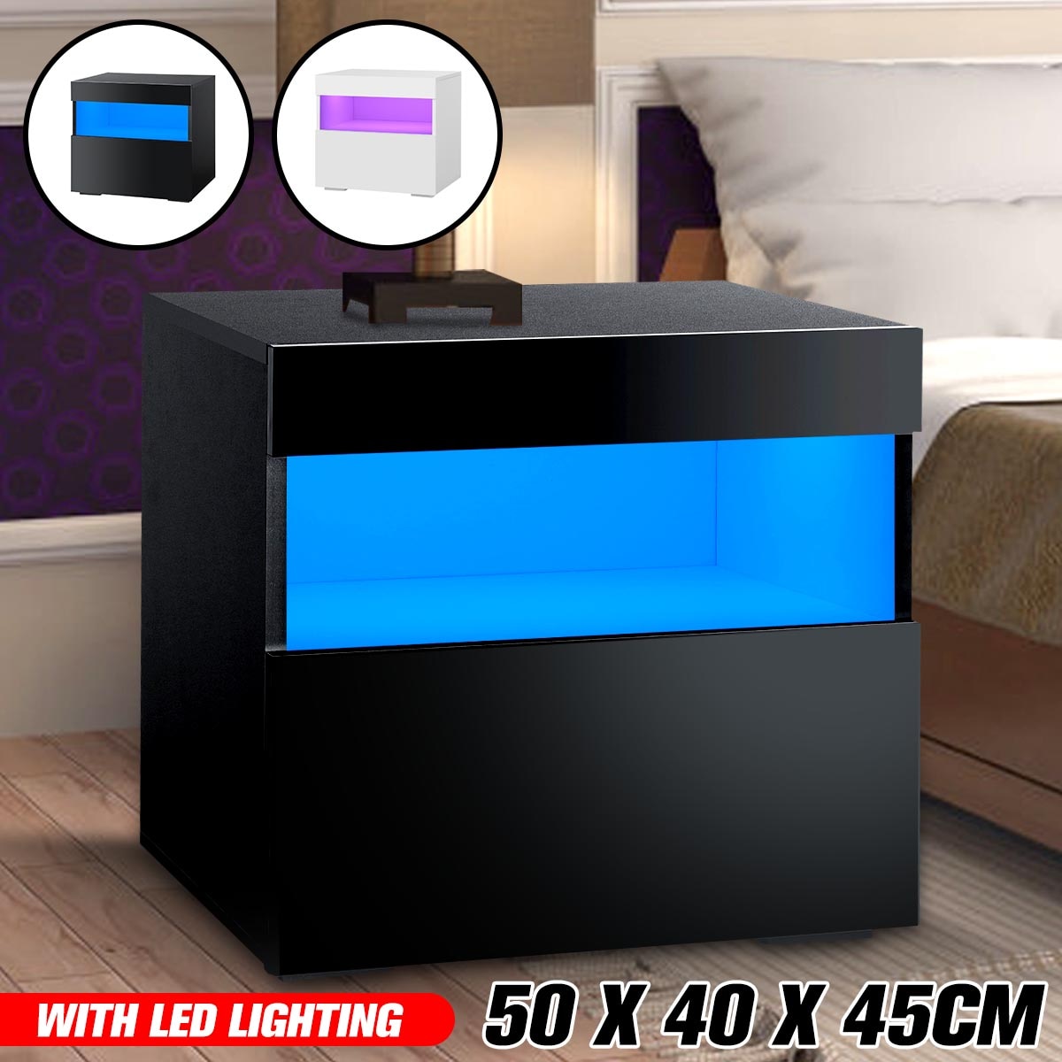 Modern LED Light Nightstand w/2 Drawers