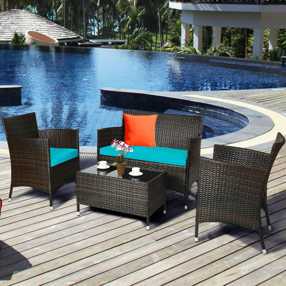 4PCS Rattan Cushioned Patio Furniture Set