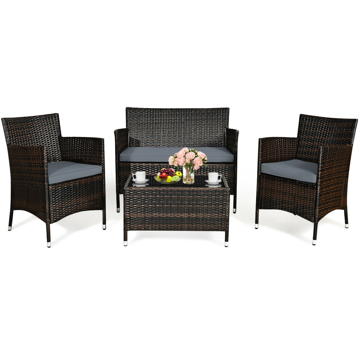 4PCS Rattan Cushioned Patio Furniture Set