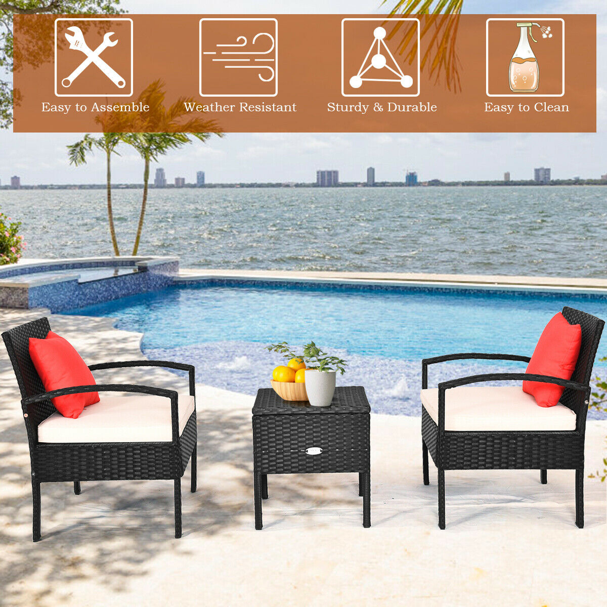 3PCS Patio Rattan Cushioned Furniture Set