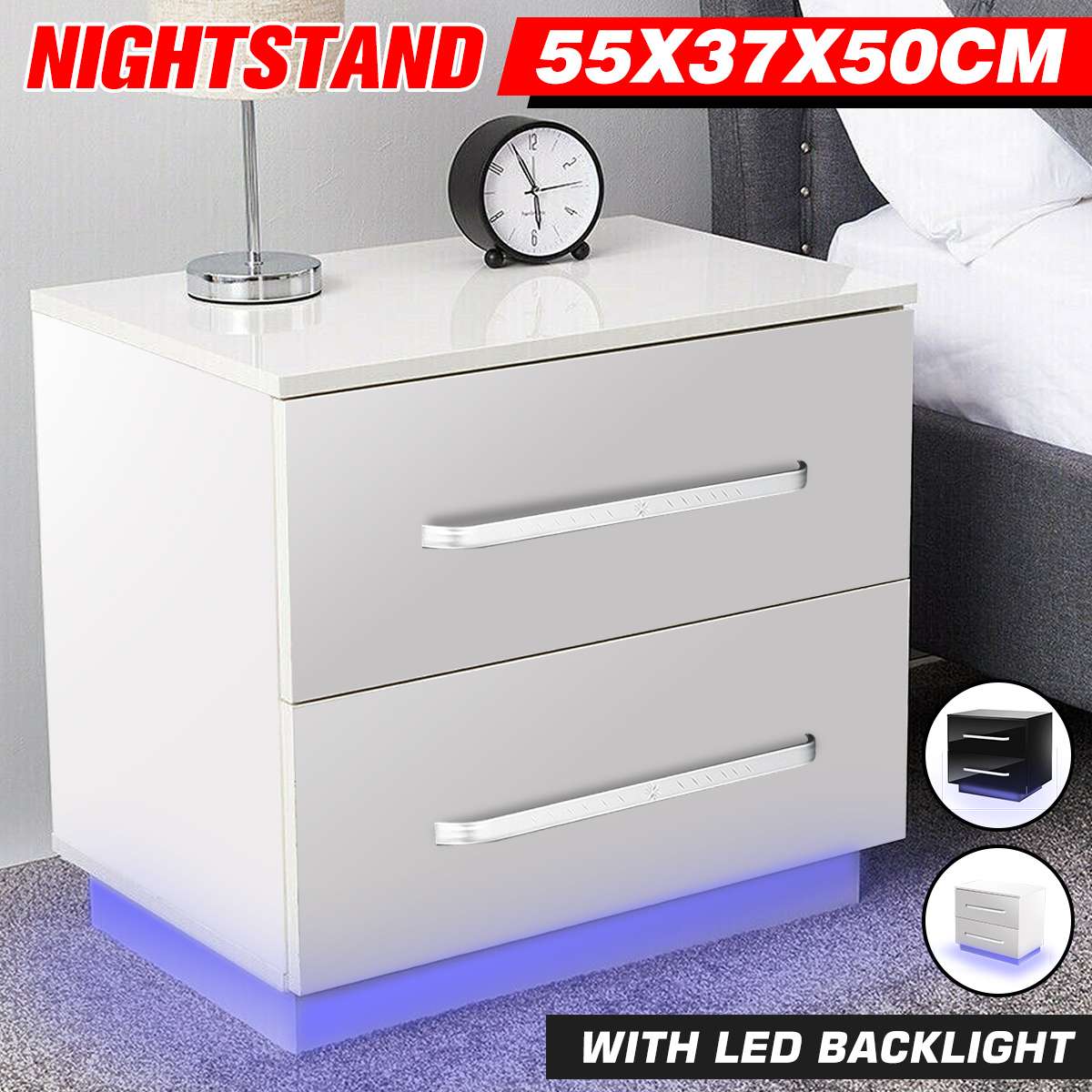 Modern LED Light Nightstand w/2 Drawers