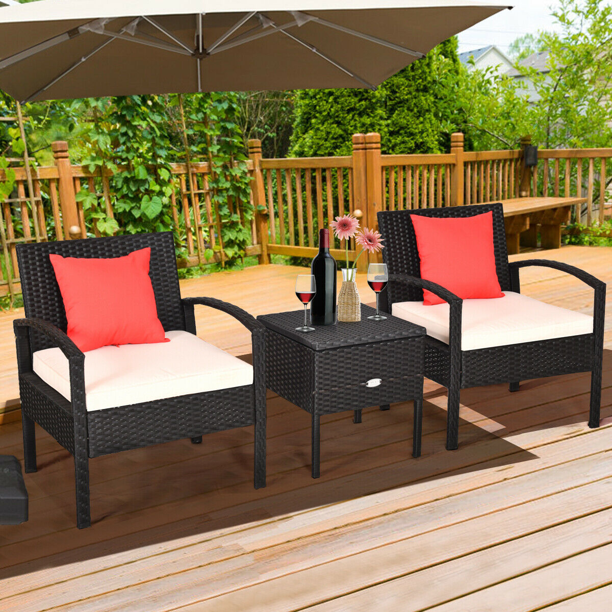 3PCS Patio Rattan Cushioned Furniture Set