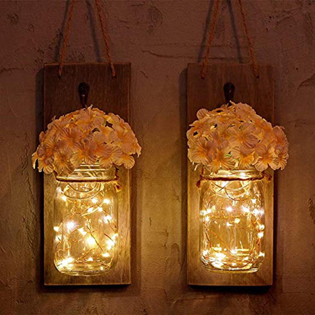 New 2 pcs Practical Mason Bottle Wall Lamp Home Mason Jar Wall Lamp Simulation Flower Garden Decorations Lamps