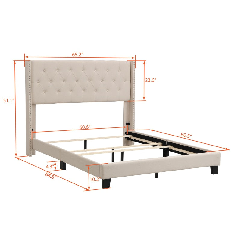 Linen Upholstered Platform Bed with Classic Headboard