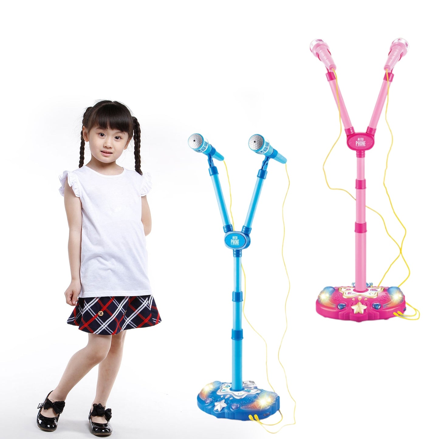 Toy Double Microphone W/Light and Adjustable Stand