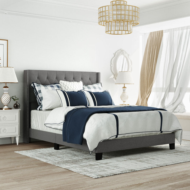 Linen Upholstered Platform Bed with Classic Headboard