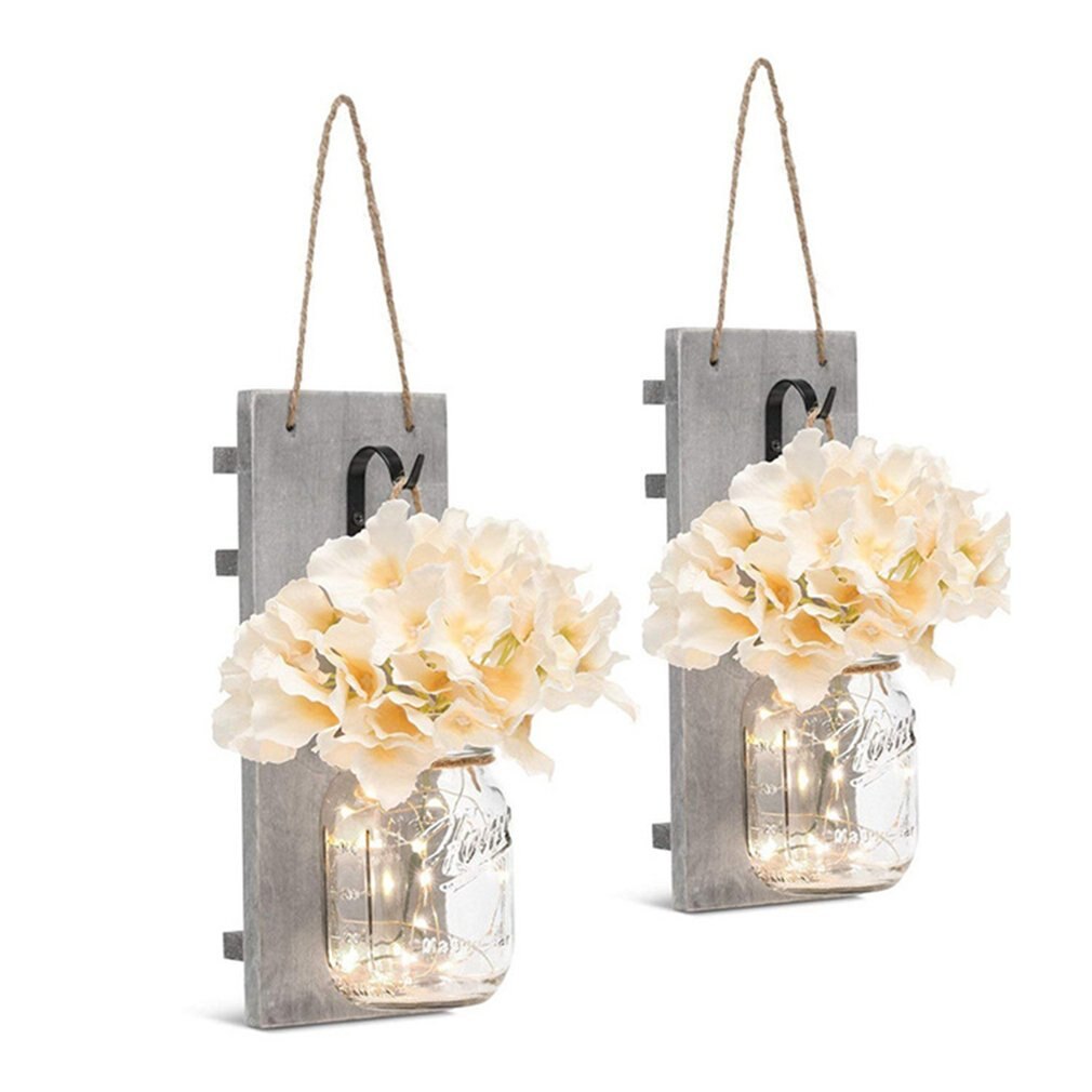 New 2 pcs Practical Mason Bottle Wall Lamp Home Mason Jar Wall Lamp Simulation Flower Garden Decorations Lamps