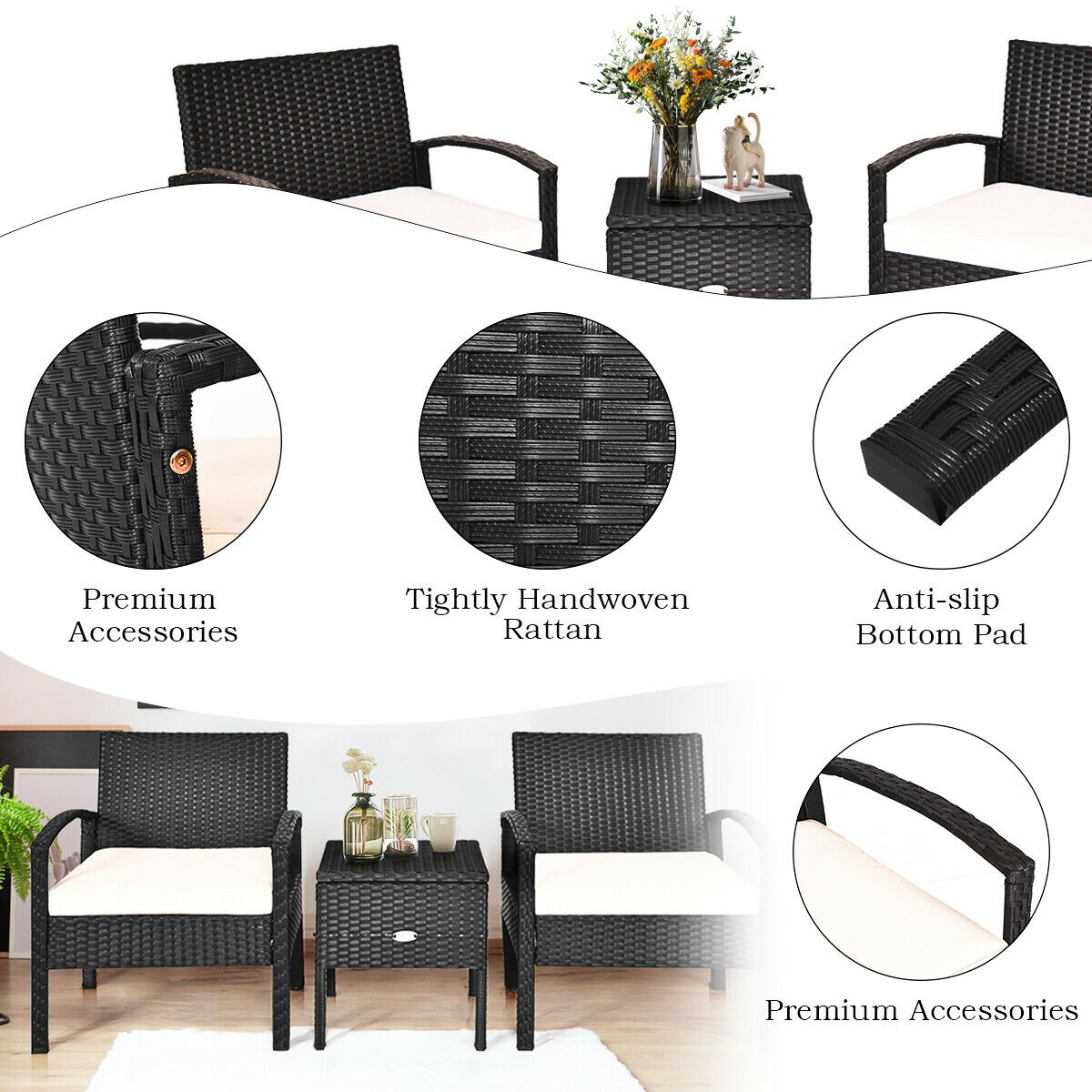 3PCS Patio Rattan Cushioned Furniture Set