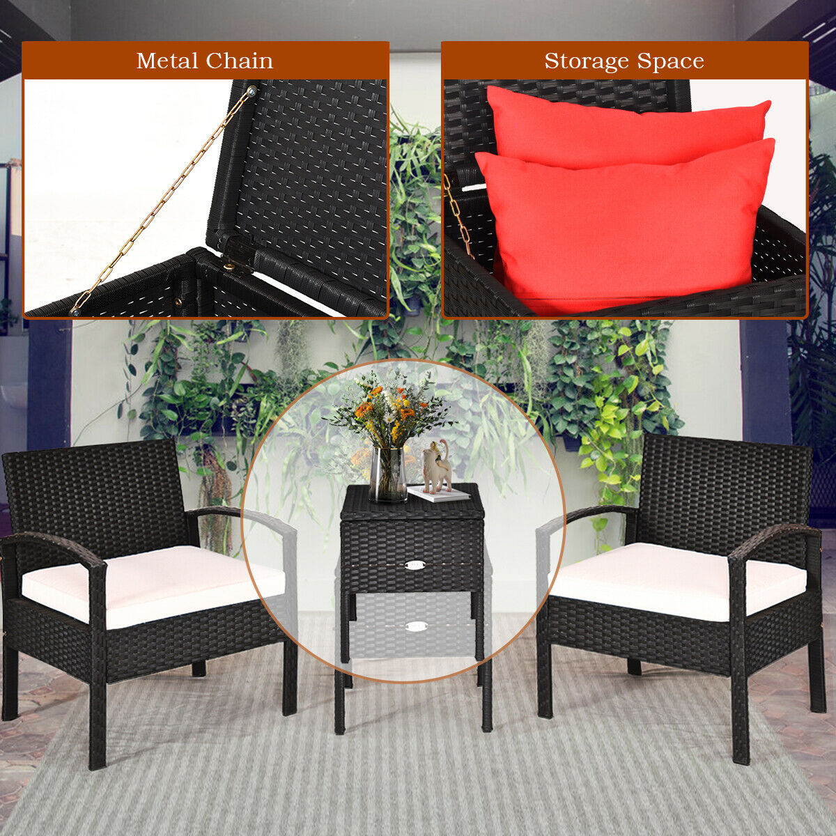 3PCS Patio Rattan Cushioned Furniture Set