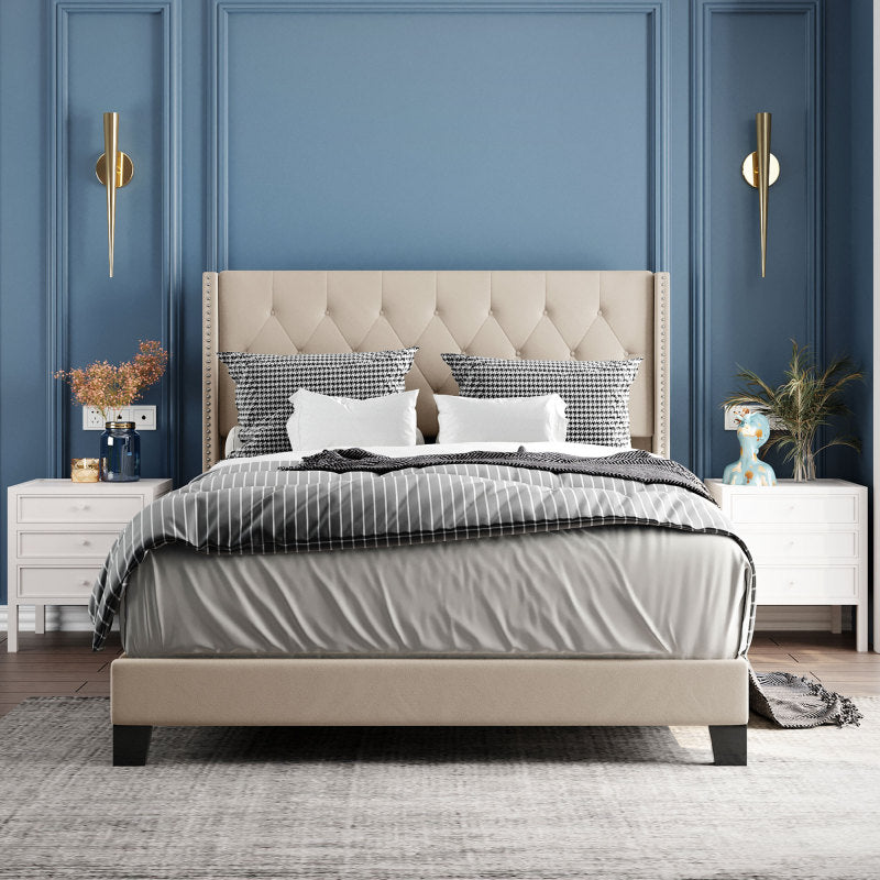 Linen Upholstered Platform Bed with Classic Headboard