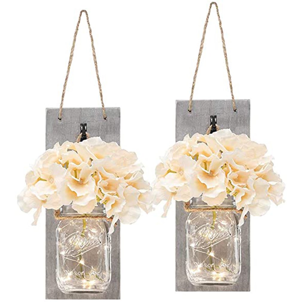 New 2 pcs Practical Mason Bottle Wall Lamp Home Mason Jar Wall Lamp Simulation Flower Garden Decorations Lamps