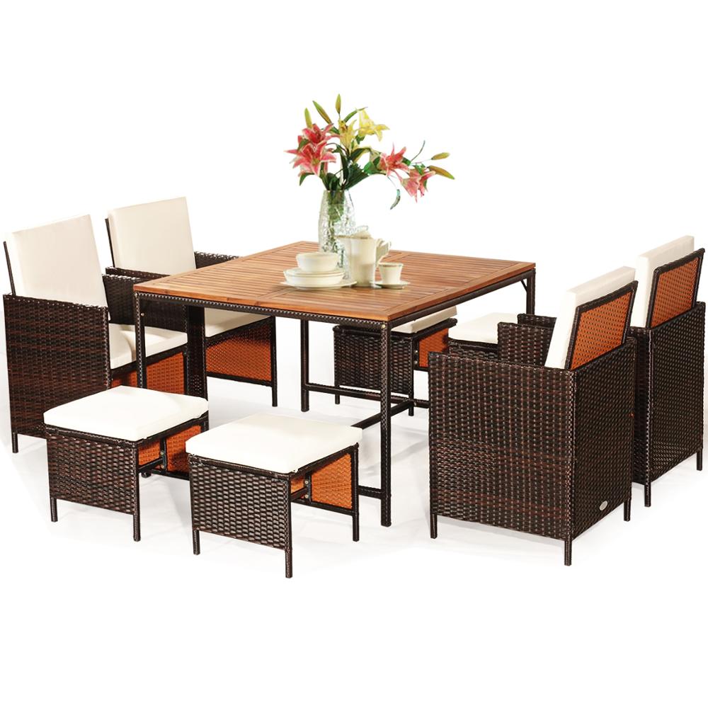 9PCS Patio Rattan Cushioned Dining Set