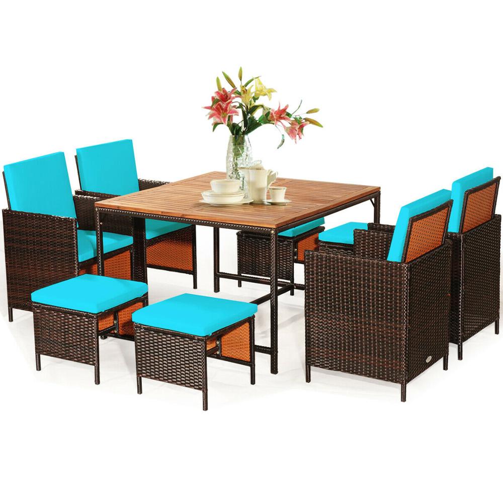 9PCS Patio Rattan Cushioned Dining Set