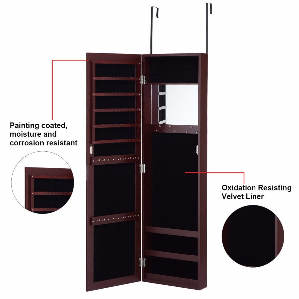 Wall Door Mounted Mirrored Jewelry Cabinet Armoire