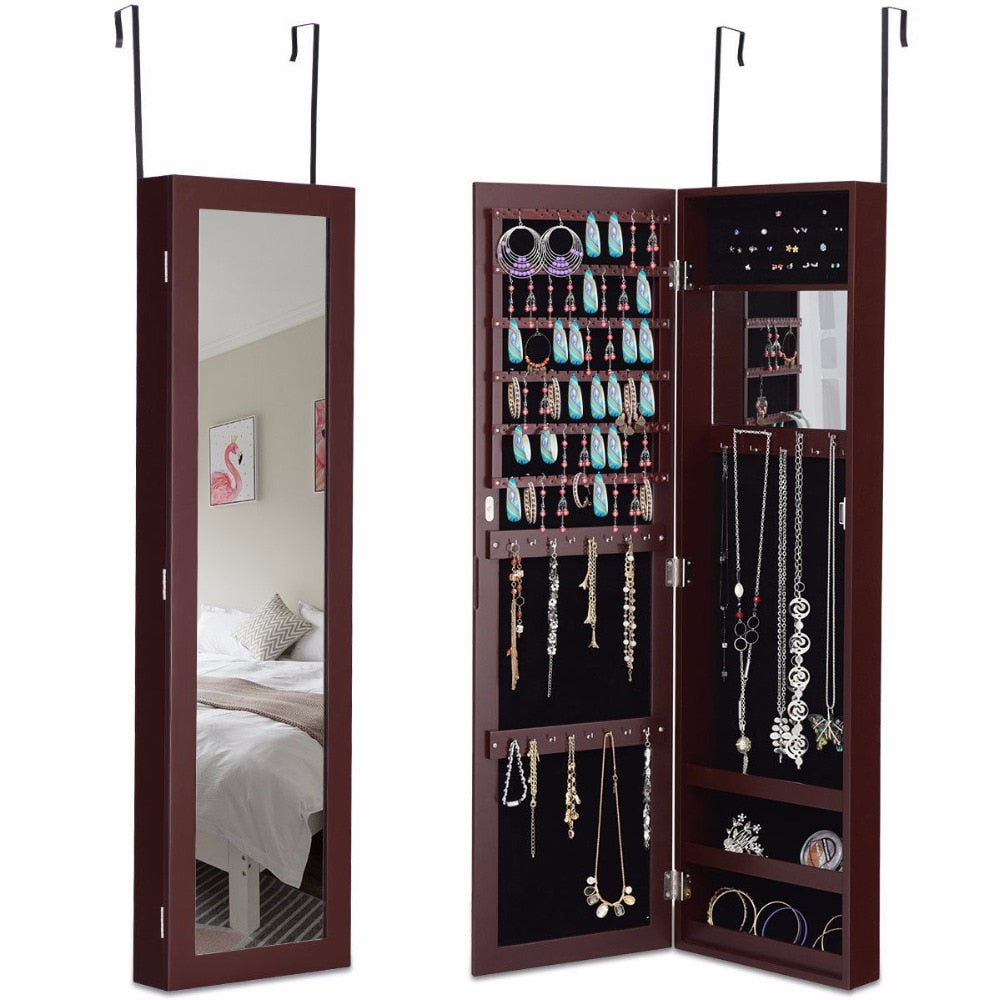 Wall Door Mounted Mirrored Jewelry Cabinet Armoire