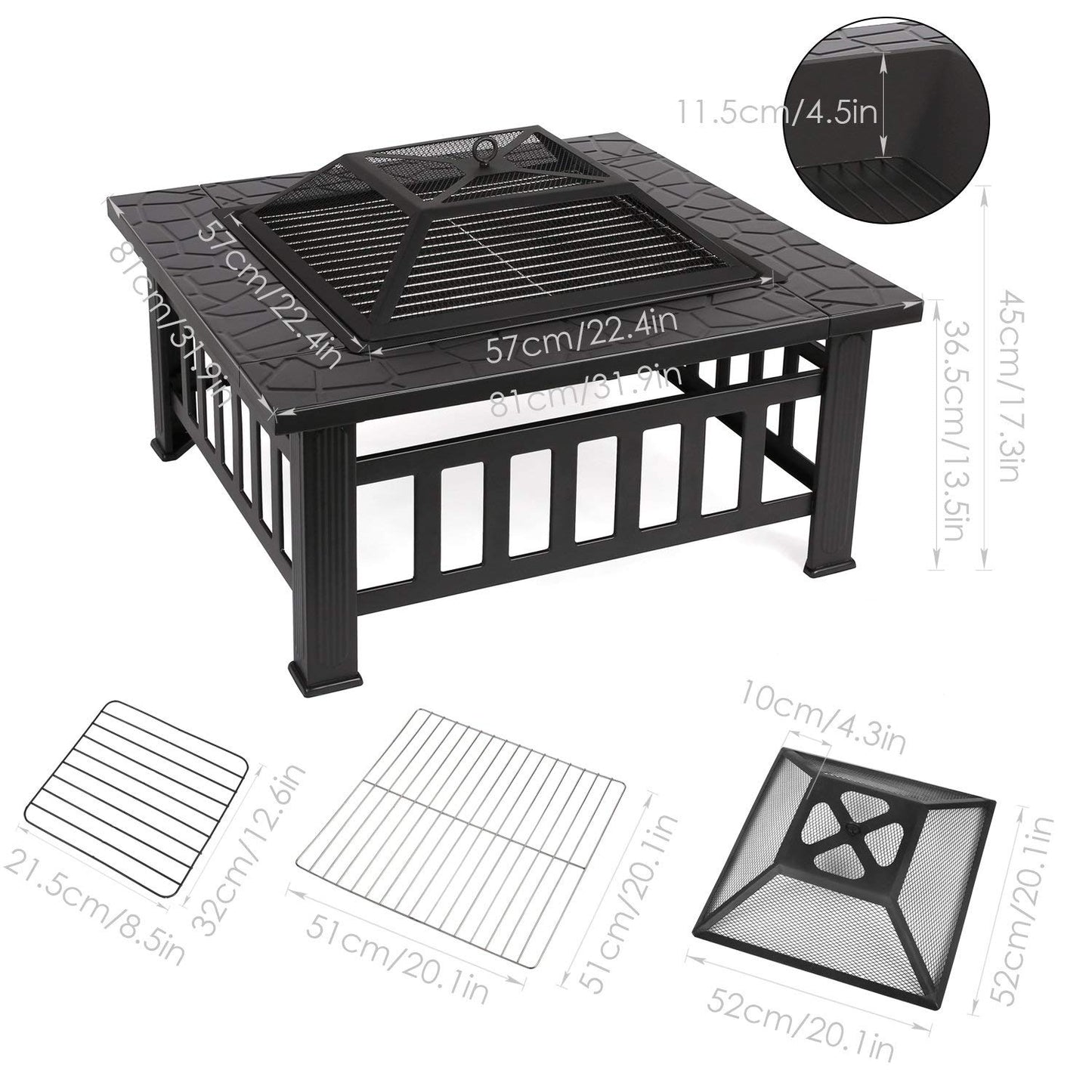 3in1 Square Wood Burning Patio Firepit