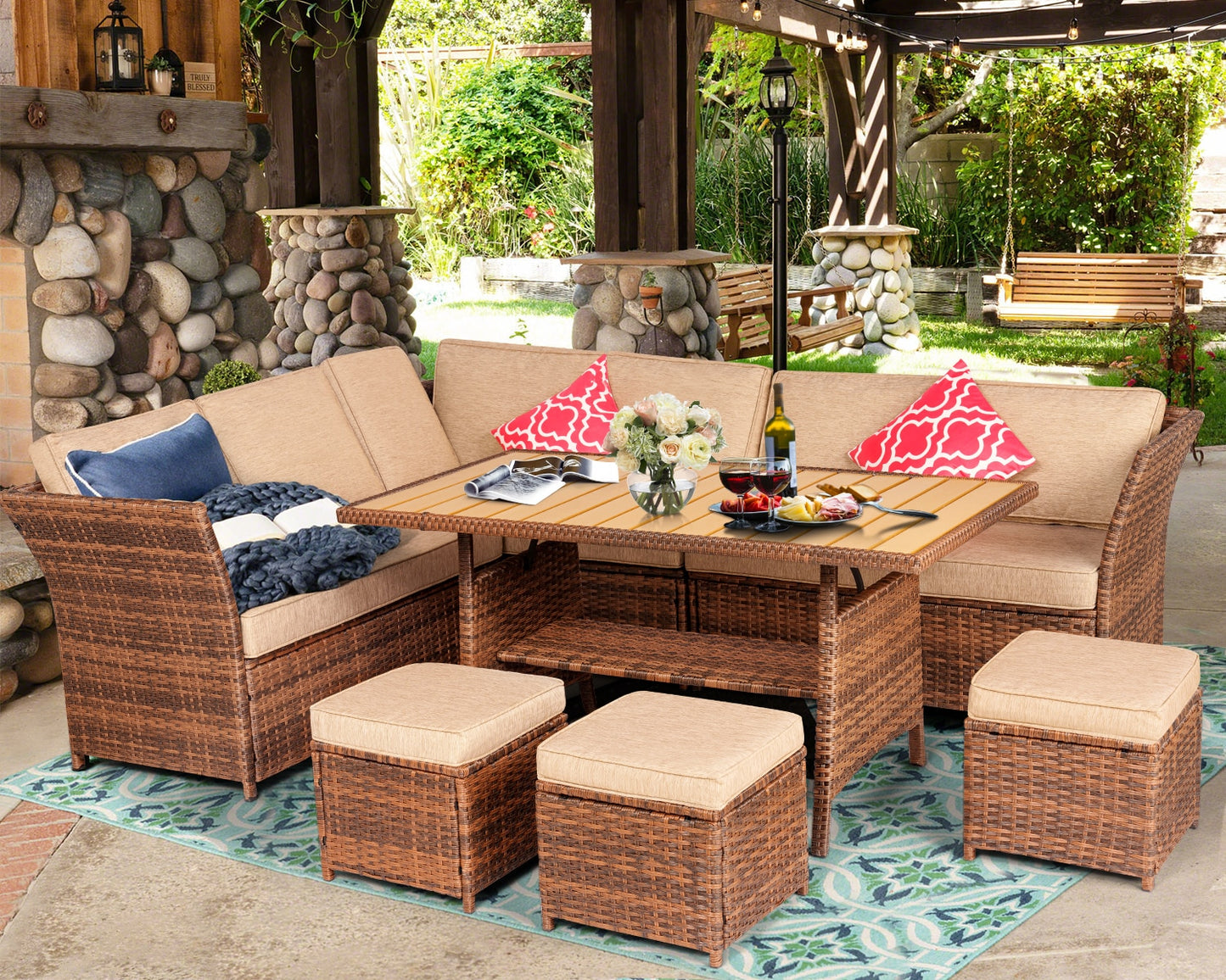 7Pc Patio Dining Set W/Cushions and Pillows