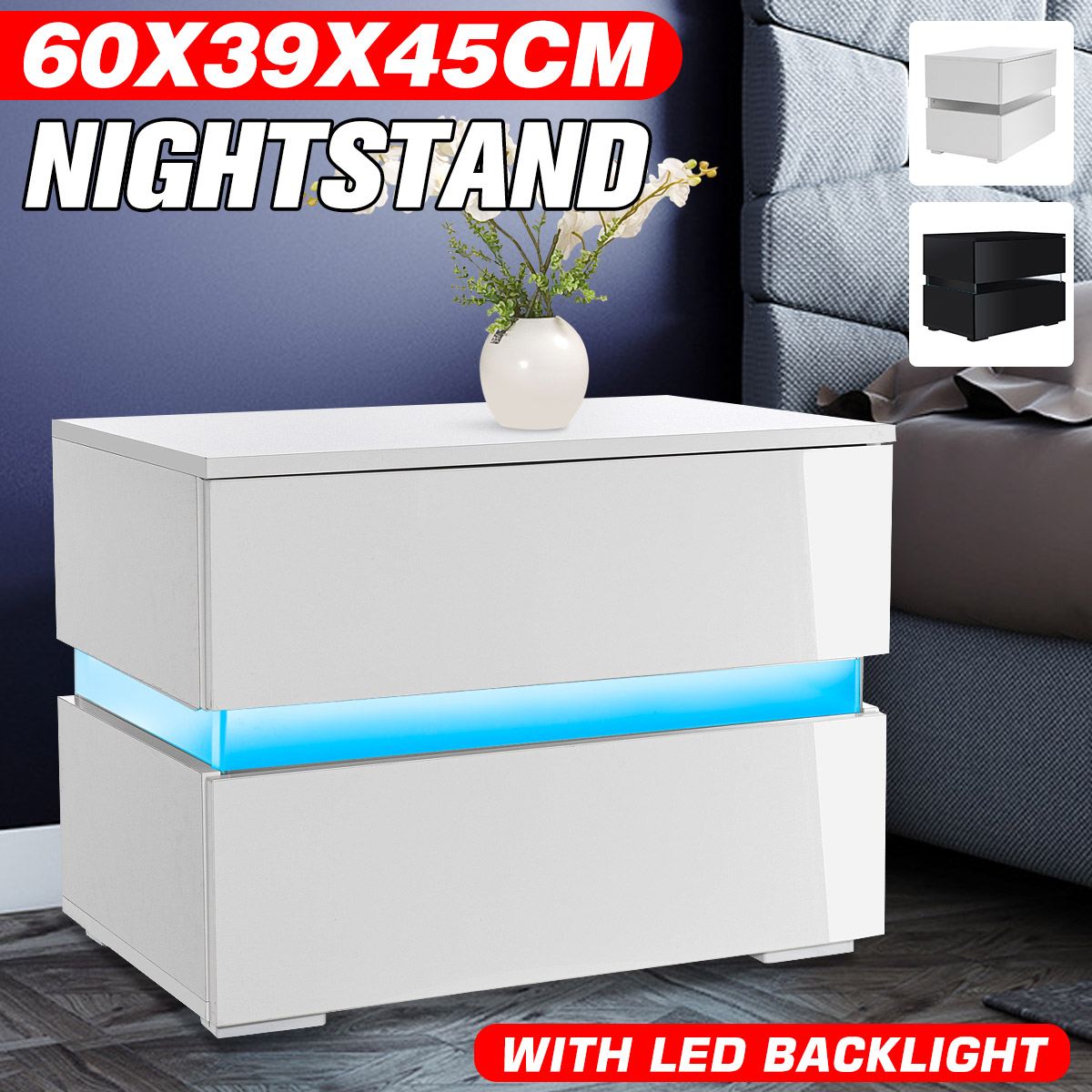 Modern LED Light Nightstand w/2 Drawers