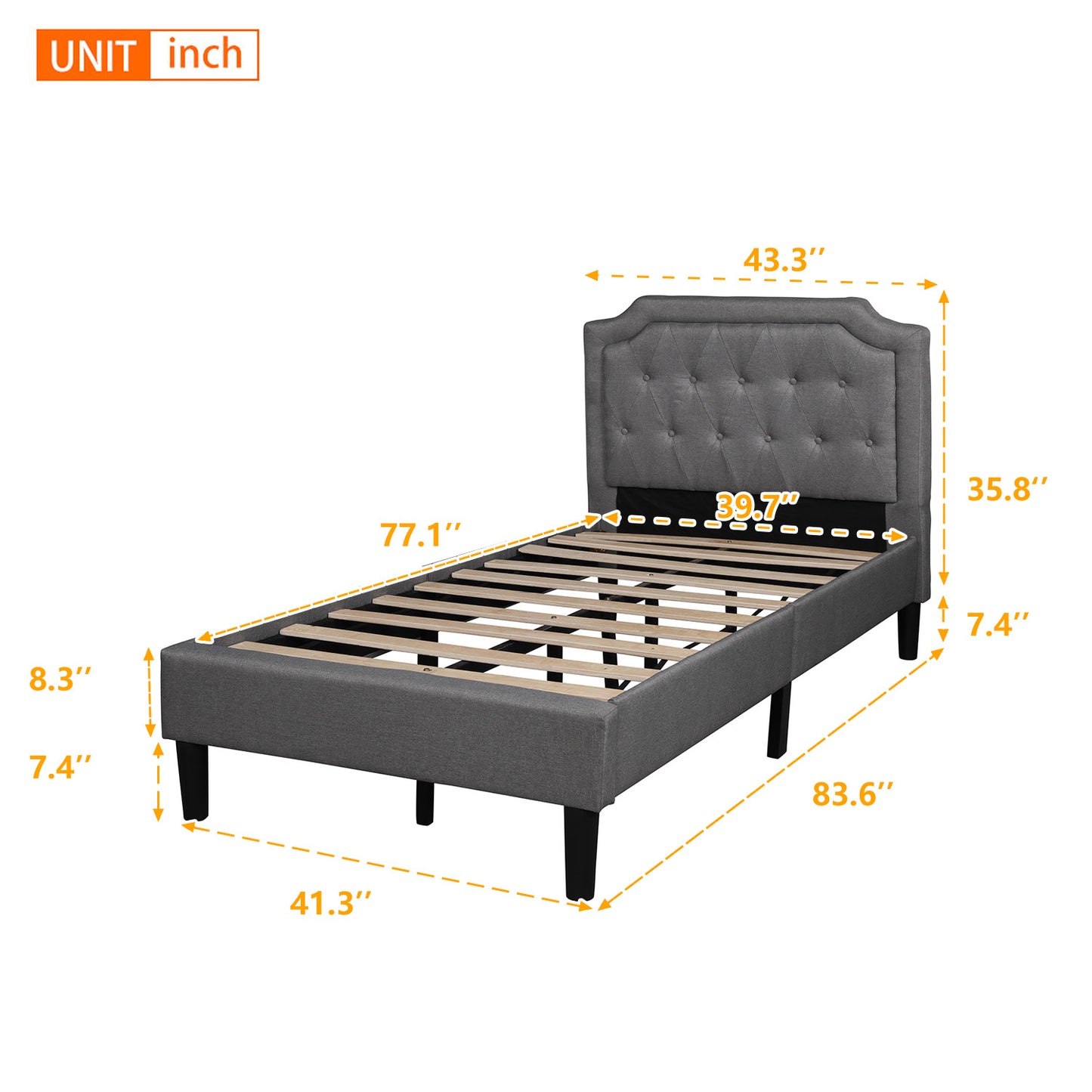 Upholstered Platform Bed, Twin Size, Gray