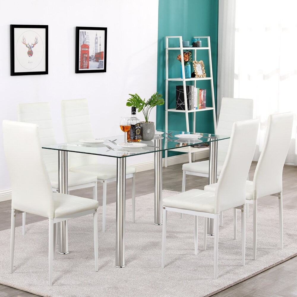 7pc Dining Glass Table Set w/Chairs White