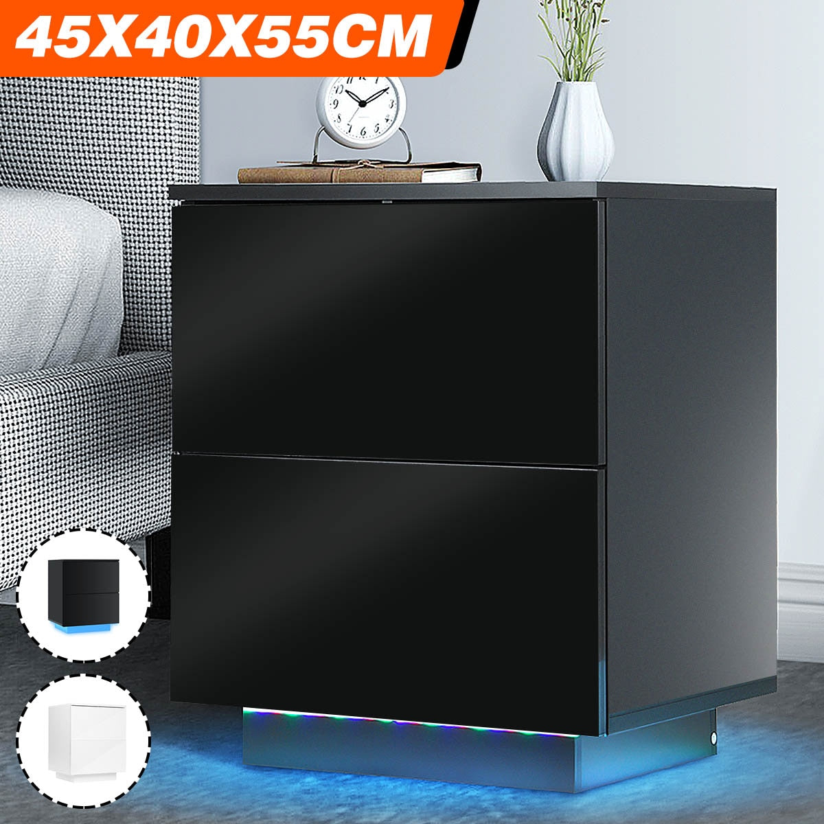 Modern LED Light Nightstand w/2 Drawers