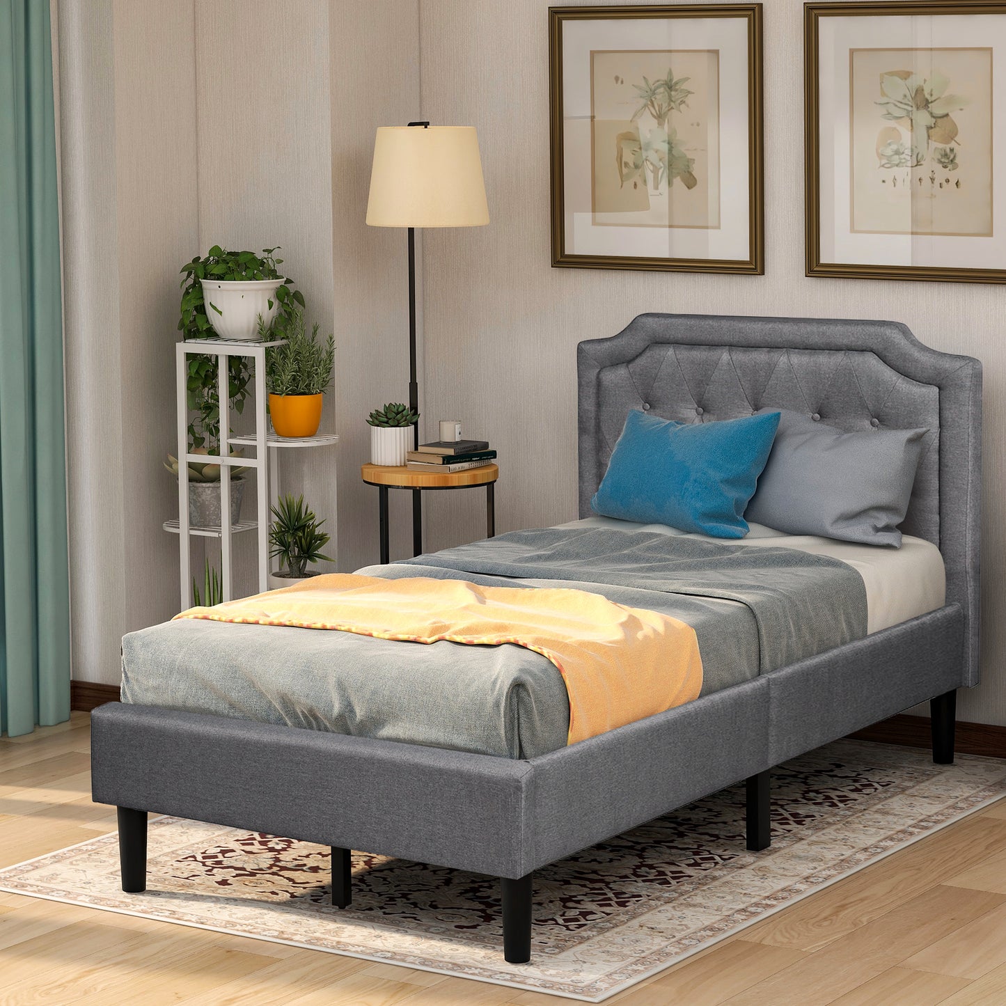 Upholstered Platform Bed, Twin Size, Gray