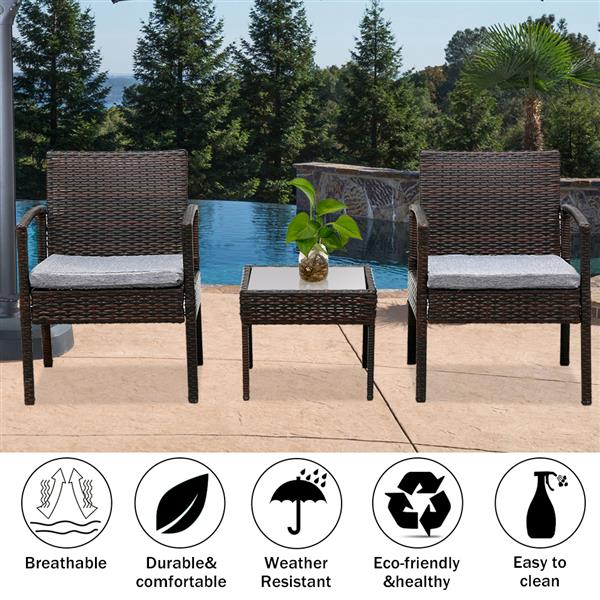 3 Piece Rattan Wicker Patio Set W/Cushions