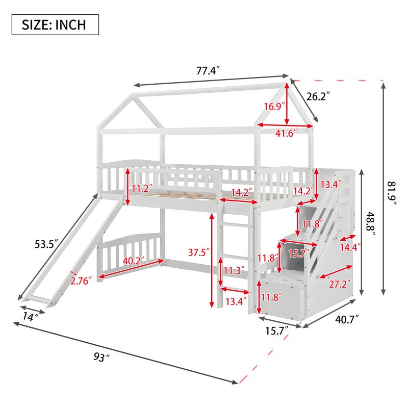 Twin Size Loft Bed with Slide Kids