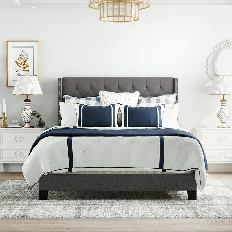 Linen Upholstered Platform Bed with Classic Headboard