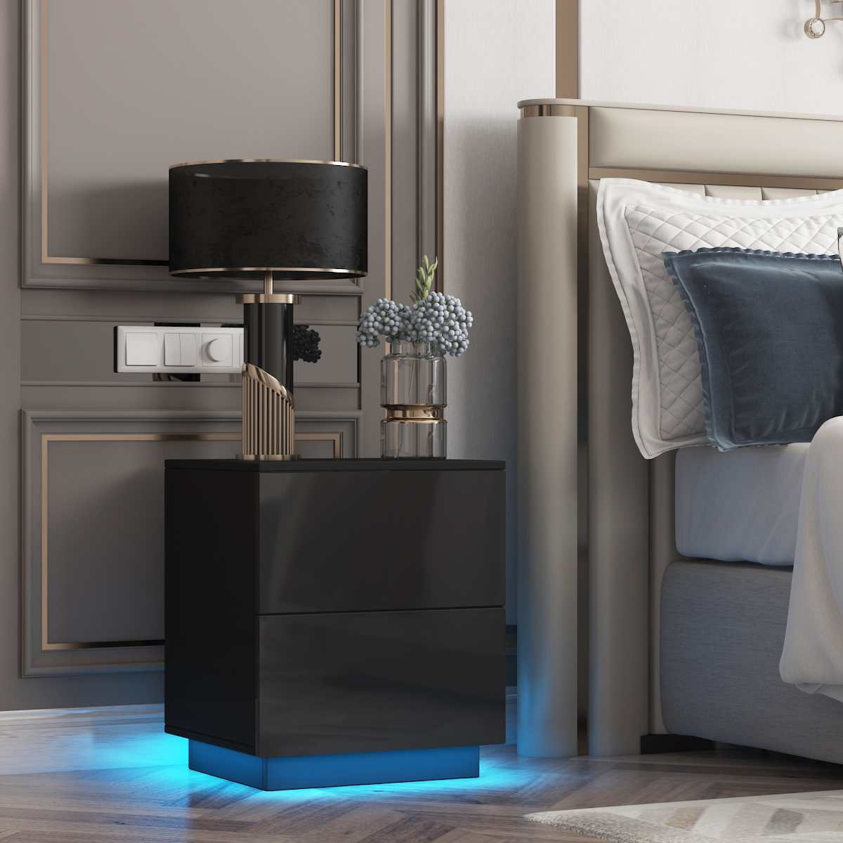 Modern LED Nightstand With 2 Drawers