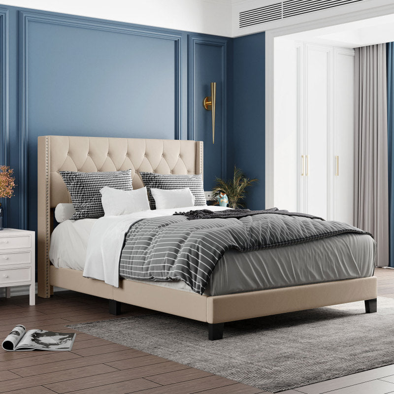 Linen Upholstered Platform Bed with Classic Headboard