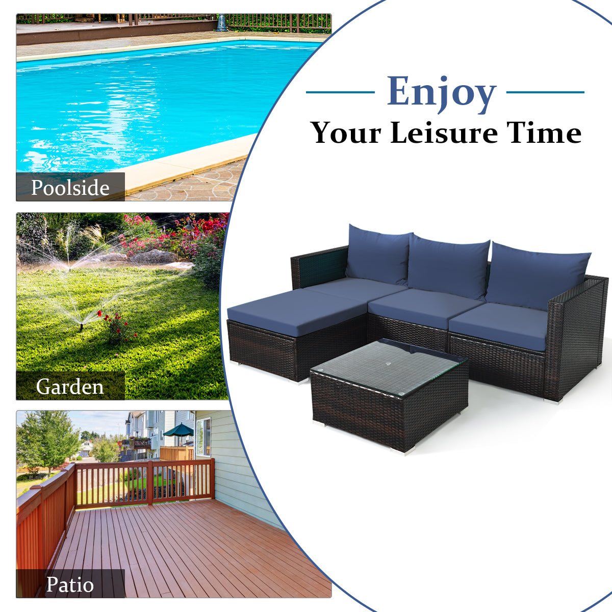 5PCS Sectional Patio Rattan Furniture Set