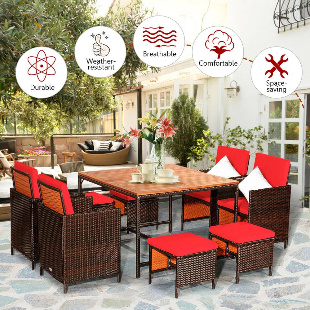 9PCS Patio Rattan Cushioned Dining Set