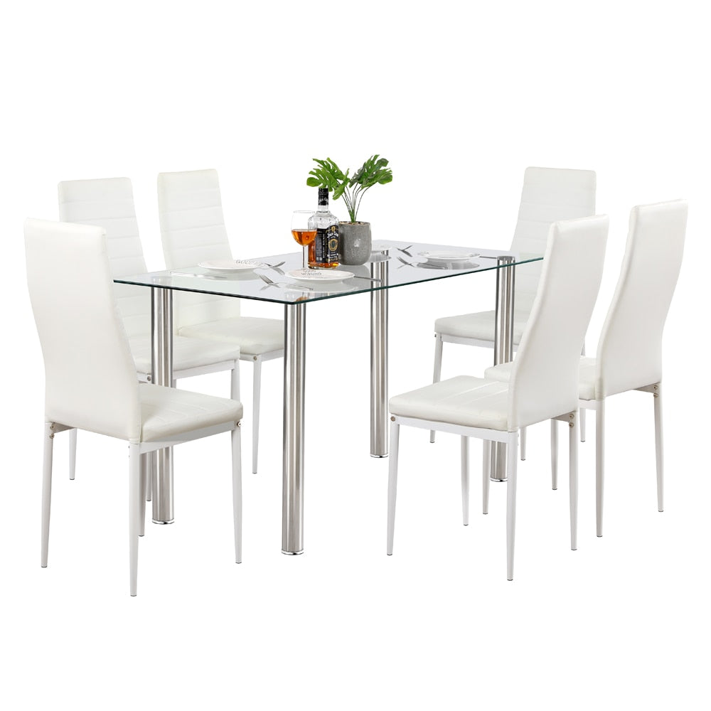 7pc Dining Glass Table Set w/Chairs White