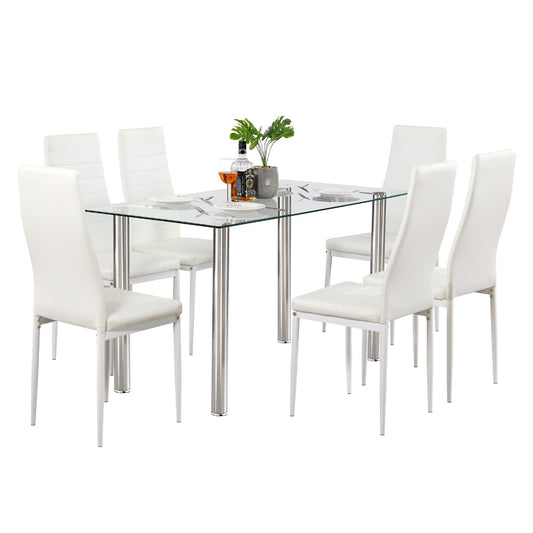 7pc Dining Glass Table Set w/Chairs White