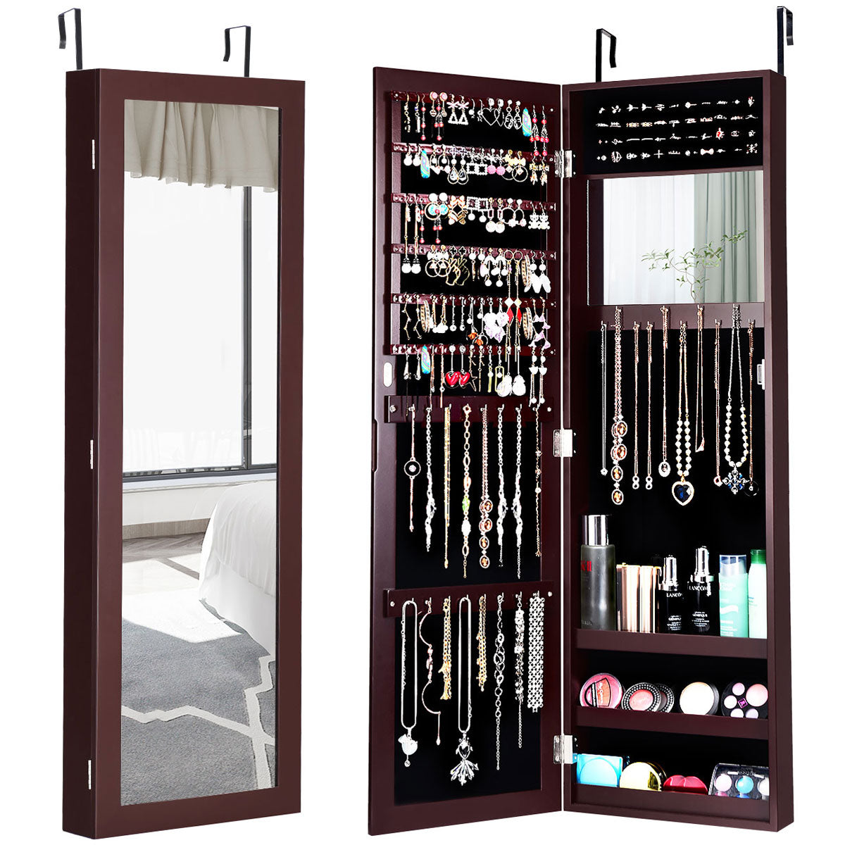 Wall Door Mounted Mirrored Jewelry Cabinet Armoire