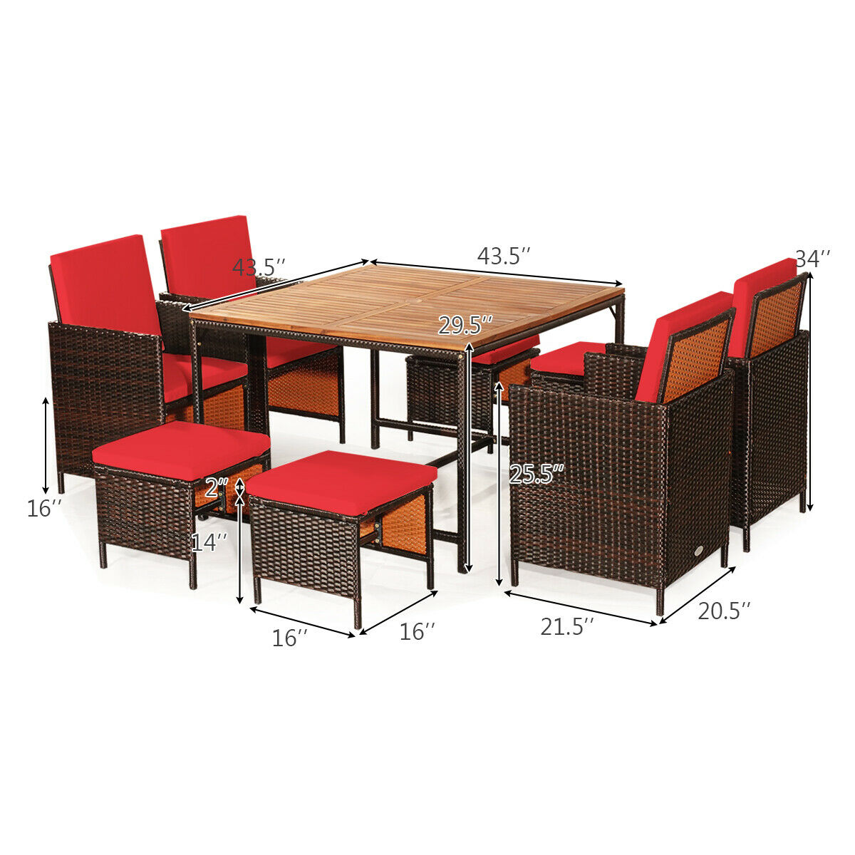 9PCS Patio Rattan Cushioned Dining Set