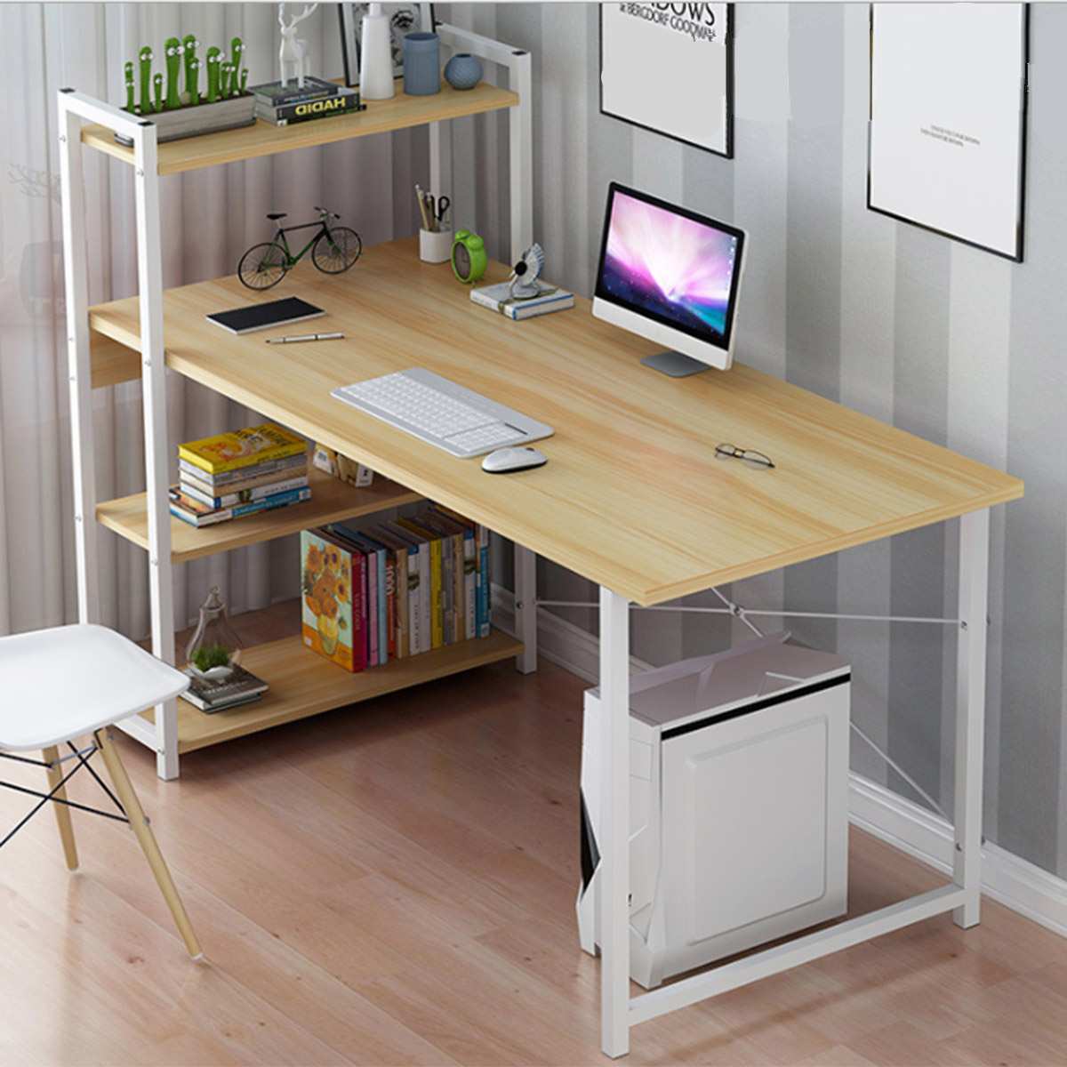 Modern Desks with 4 Tiers Bookshelf