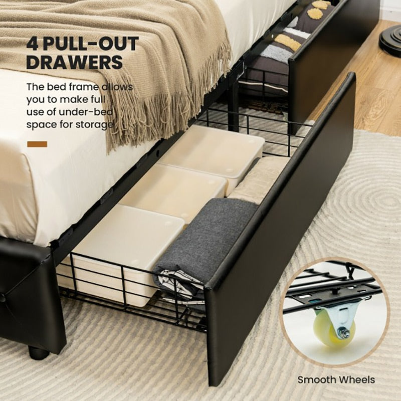 PU Leather Platform Bed with 4 Drawers