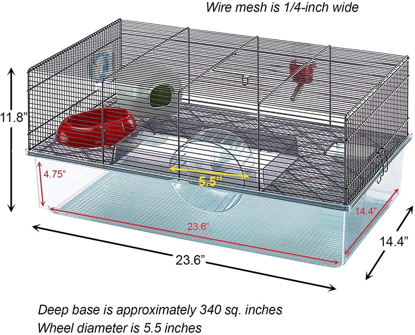 Hamster cage includes water bottle, wheel, tray