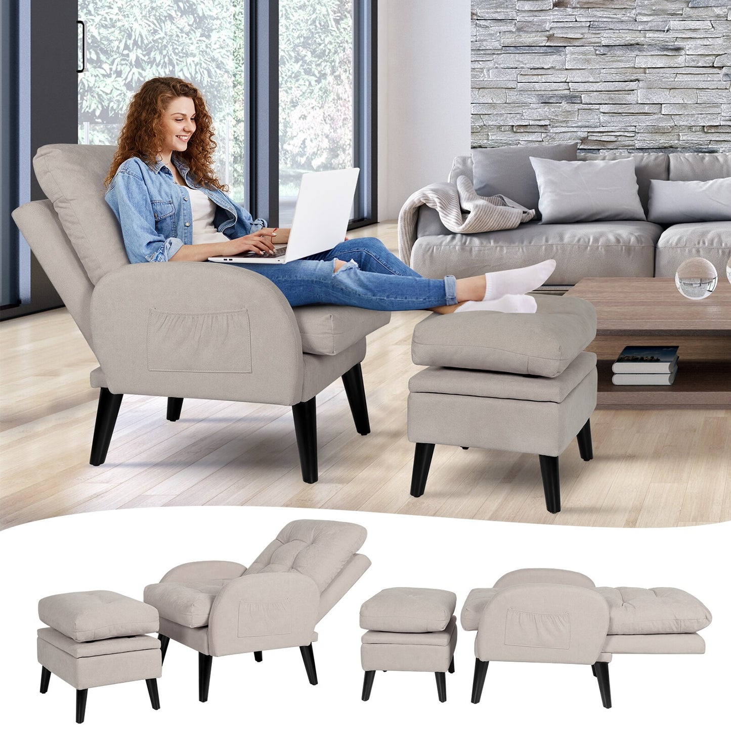 Accent Chair with Adjustable Backrest and Ottoman