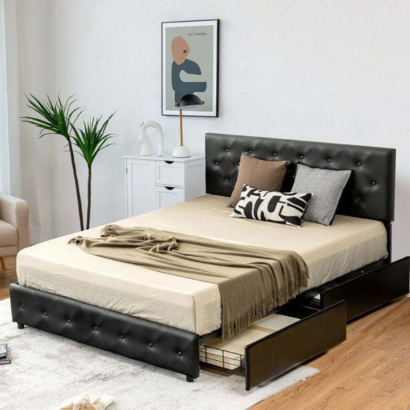 PU Leather Platform Bed with 4 Drawers