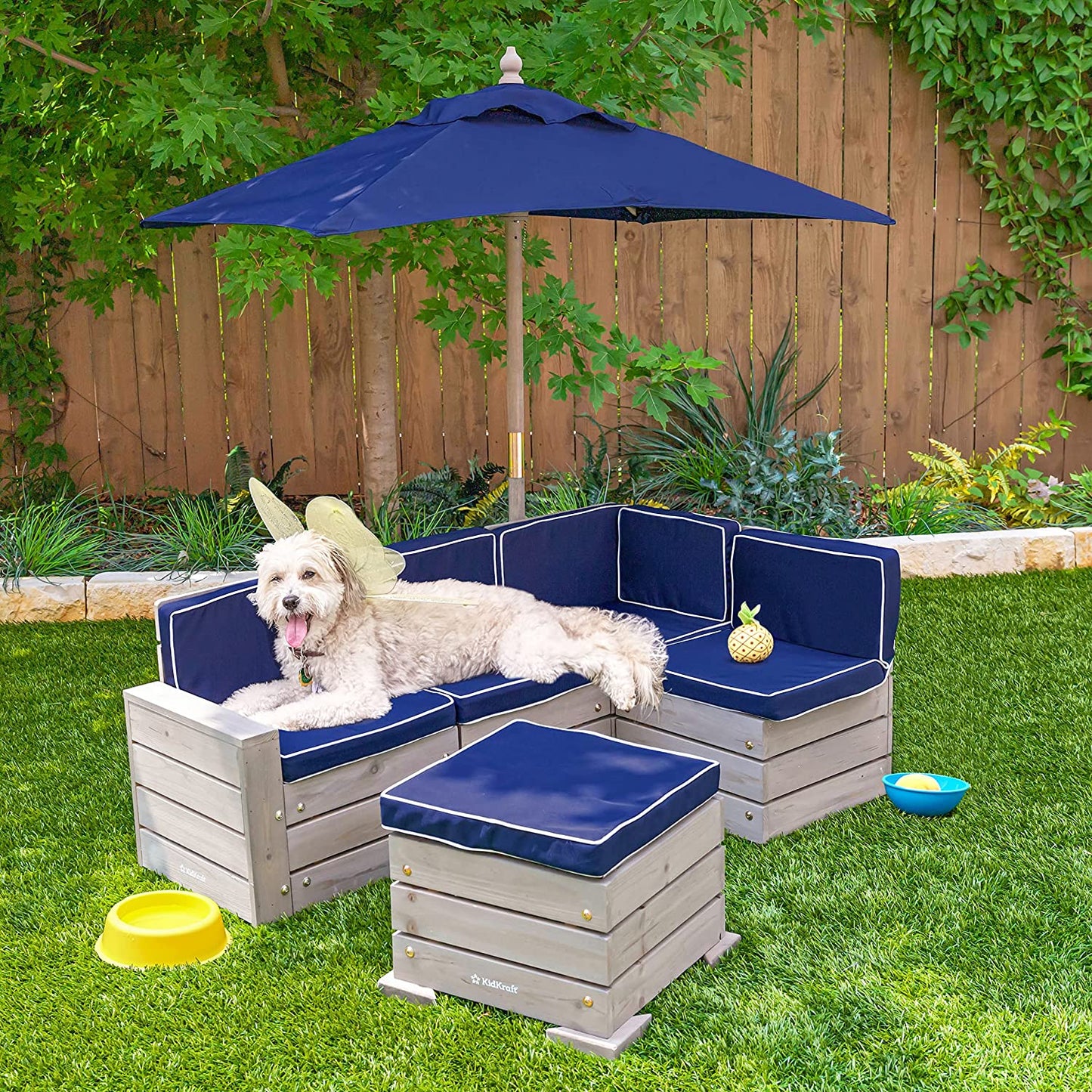 Wooden Outdoor Sectional and Umbrella Set